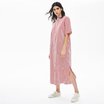 Lacoste LIVE Striped Cotton Maxi Dress - Šaty Dámské Bílé / Červené | CZ-CIIe8Y